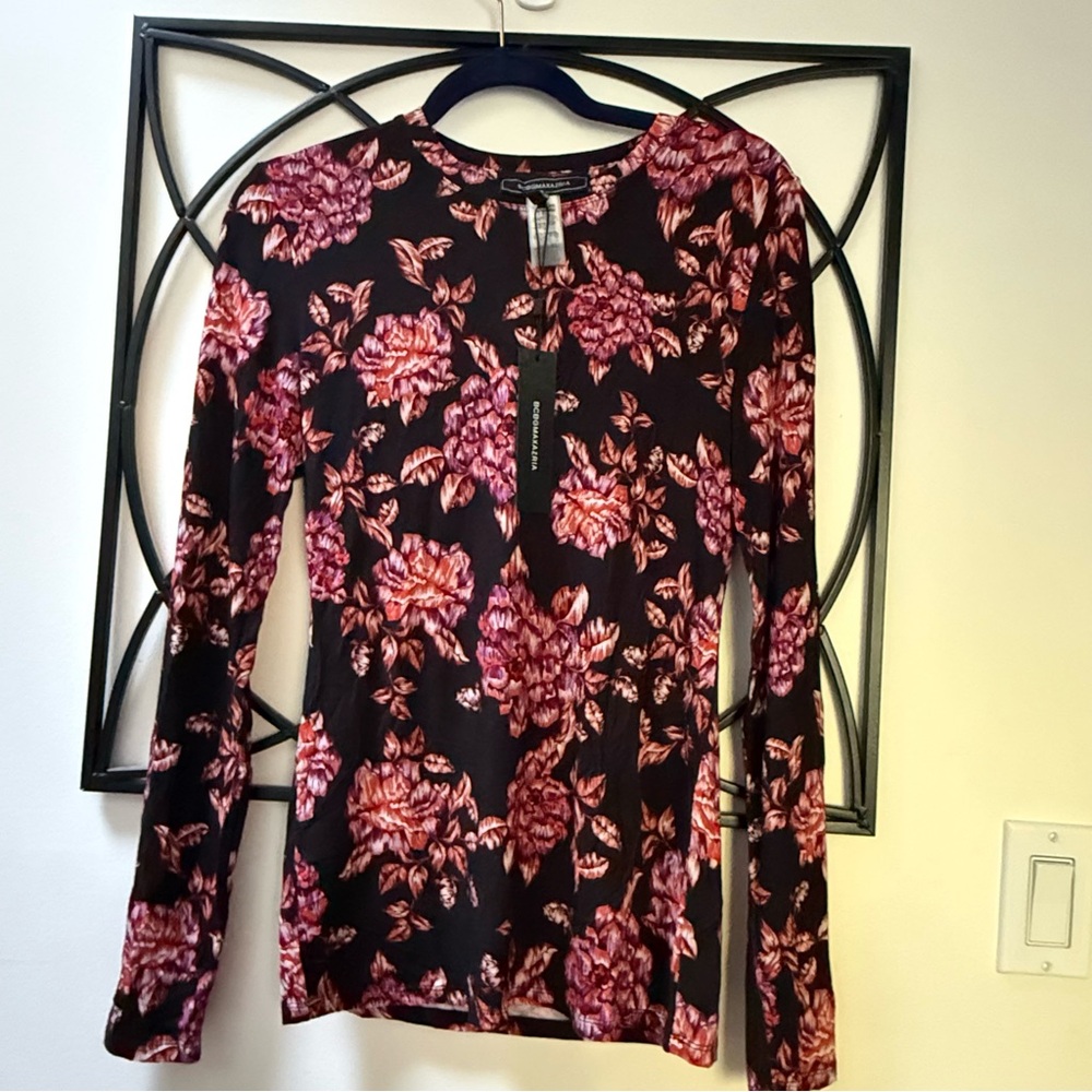 BCBGMaxAzria Black and Pink Floral Long Sleeve Top